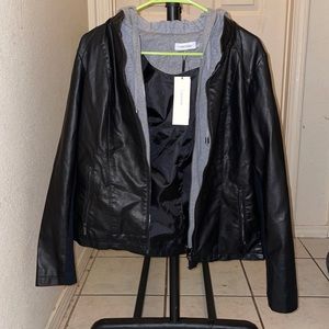 Black leather jacket with grey hood. New with tags.